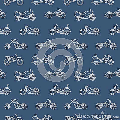 Monochrome seamless pattern with motorcycles of various models drawn with white outlines on blue background - chopper Vector Illustration