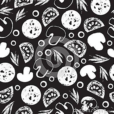 Monochrome seamless pattern with pizza ingredients: mushroom, pepperoni, tomato, olives, herbs with grunge texture Vector Illustration