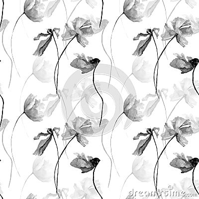 Monochrome seamless pattern with Poppies flowers Cartoon Illustration