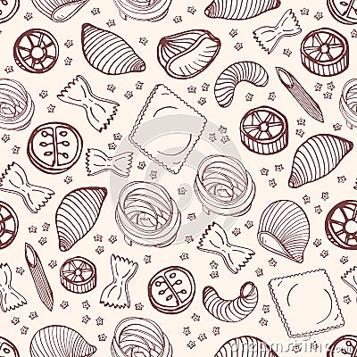 Monochrome seamless pattern with various types of raw pasta hand drawn with contour lines on light background - farfalle Vector Illustration