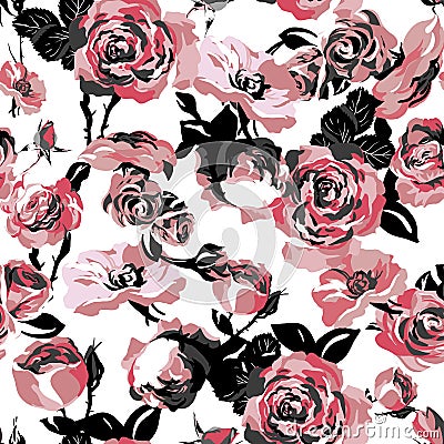 Monochrome Seamless Pattern with Vintage Roses Vector Illustration
