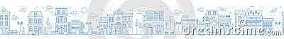 Monochrome seamless urban landscape with city street or district. Cityscape with residential houses and shops drawn with Vector Illustration