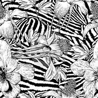 Monochrome seamless vintage flower pattern Vector Illustration