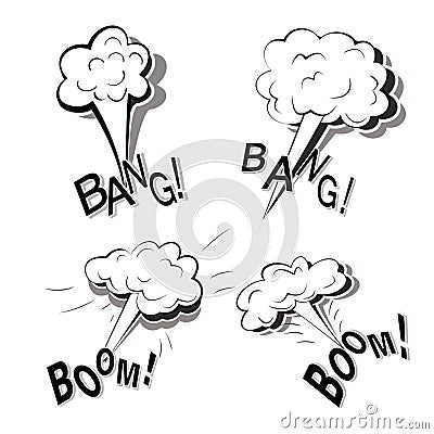 Monochrome set of flat cartoon doodles with four powerful big explosions isolated on a white background with lettering Vector Illustration