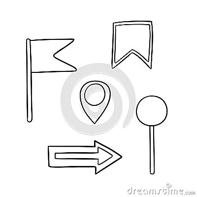 Monochrome set of icons, markers for a map for travelers, presentations, vector cartoon Vector Illustration