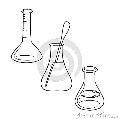 Monochrome Set of various triangular glass flasks with a solution for experiments, vector cartoon Vector Illustration