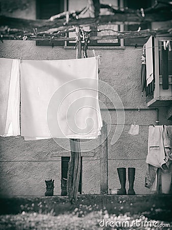 Monochrome shot of laundry getting dry Stock Photo