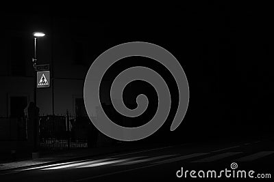 Monochrome shot of a street lamp, which illuminates the pedestrian crossing at night Stock Photo