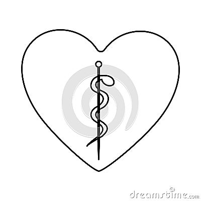 monochrome silhouette of heart with asclepius snake coiled Cartoon Illustration