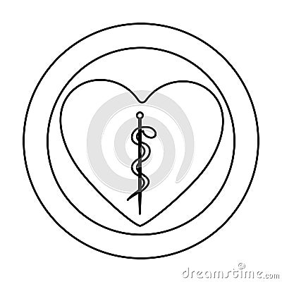 monochrome silhouette of heart inside of double circle with asclepius snake coiled Cartoon Illustration