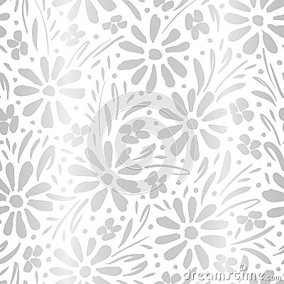 Monochrome silver gradient hand-painted daisies and foliage on white background vector seamless patters. Floral print Vector Illustration