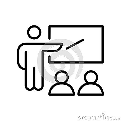 Monochrome simple classroom icon vector illustration. Linear logo teacher standing near blackboard Vector Illustration