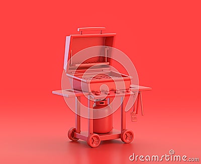 Monochrome single red color barbecue in red background,single color, 3d Icon, 3d rendering Stock Photo