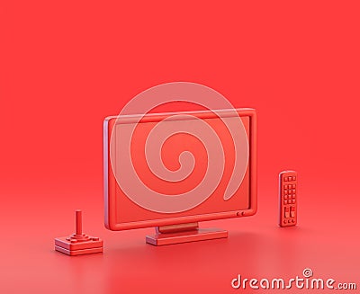 Monochrome single red color tv, remote and joystickp in red background,single color, 3d Icon, 3d rendering Stock Photo