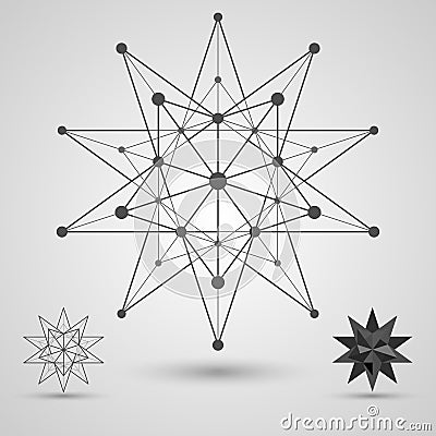 Monochrome skeleton of connected lines and dots. Great stellated dodecahedron stereometric element. Vector Illustration