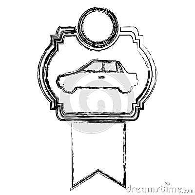 monochrome sketch of automobile of side view in heraldic frame with ribbon Cartoon Illustration