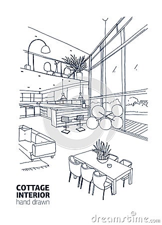 Monochrome sketch of modern country house or summer cottage interior full of trendy furniture. Kitchen and dining room Vector Illustration