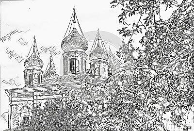 Monochrome sketch photographic art picture of famous Goritsky orthodox monastery under blue cloudy sky in summer Stock Photo
