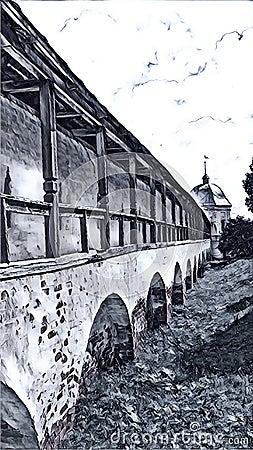 Monochrome sketch photographic art picture of orthodox monastery and rusty roof of its surrounding wall under blue cloudy sky in Stock Photo