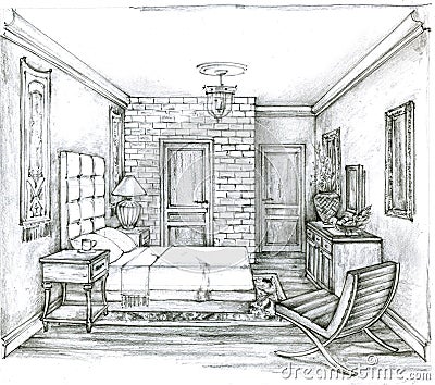 Monochrome sketch of a Traditional Bedroom. Pencil drawing of a classic bedroom interior. Stock Photo