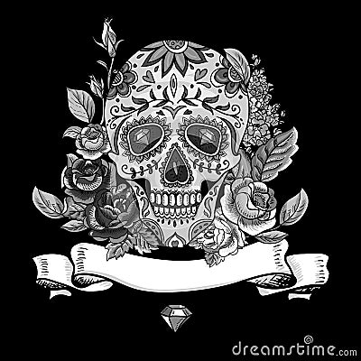 Monochrome Skull, diamond and Flowers Card Vector Illustration