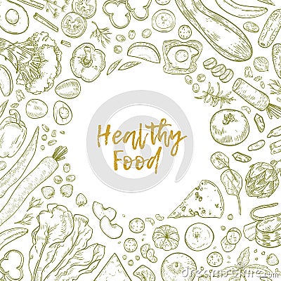 Monochrome square backdrop with frame consisted of healthy food drawn with contour lines on white background. Tasty Vector Illustration