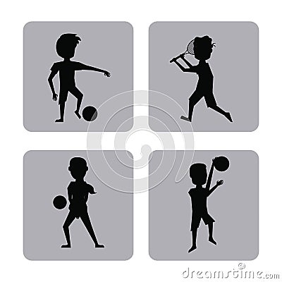 Monochrome square buttons set of male silhouette athletes of differents sports Vector Illustration