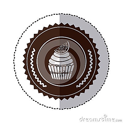 monochrome sticker with cupcake with lemon slice in round frame Cartoon Illustration