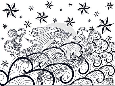 Monochrome stock vector illustration with abstract fishes, waves, sky, stars Vector Illustration