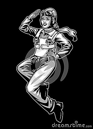 Monochrome Style Illustration of Women Pilot Vector Illustration
