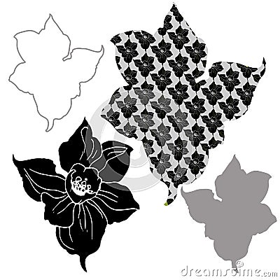 Monochrome stylised silhouettes of flowers Narcissus, Daffodils Vector Illustration