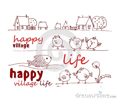 Monochrome stylized drawing of village houses, fruit trees, chickens, fish Stock Photo