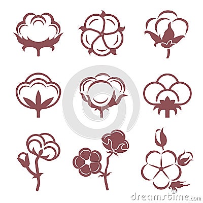 Monochrome stylized pictures set of white cotton flowers. Vector illustrations set Vector Illustration