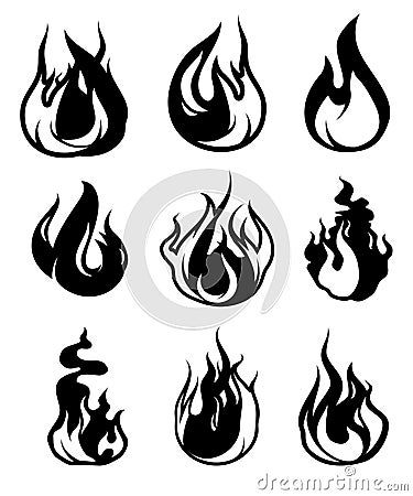 Monochrome symbols of flame. Vector black icons isolate on white Vector Illustration