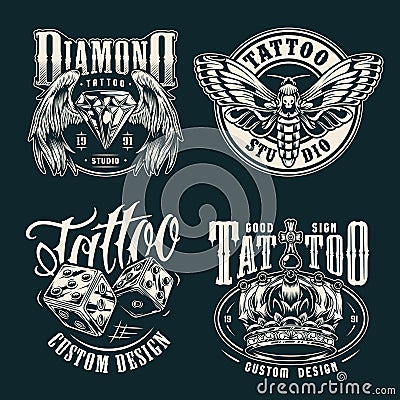 Monochrome tattoo salon emblems set Vector Illustration
