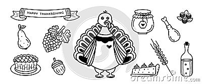 Monochrome thanksgiving doodle set, black and white Vector Illustration