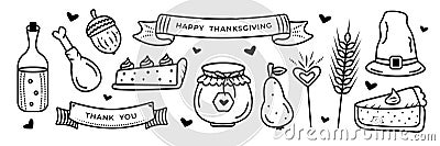 Monochrome thanksgiving doodle set Vector Illustration