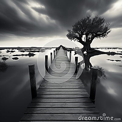 Monochrome tranquility, Fishing jetty captured in timeless black and white simplicity Stock Photo