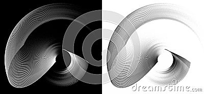 Monochrome transparent striped elements elegantly arc curved and rotate on white and black backgrounds. Graphic design elements Cartoon Illustration