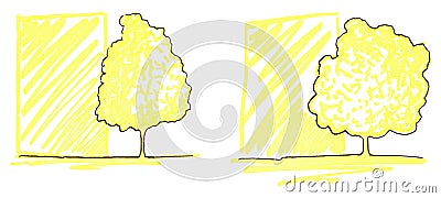 Monochrome trees silhouette line art sketch isolated Stock Photo
