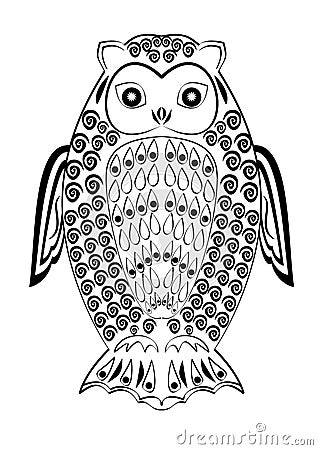 Monochrome tribal owl tatoo, symmetric owl figure, black and white drawing, wisdom symbol Vector Illustration