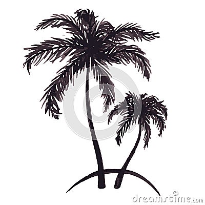 Monochrome two tropical palm tree sea ocean beach hand drawn sketch vector Vector Illustration