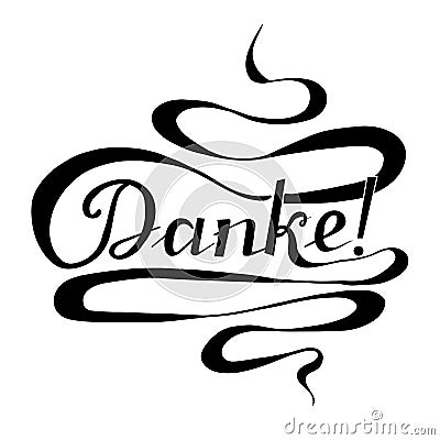 Monochrome typography banner Danke, means thanks in german language, swirls hand drawn lettering Vector Illustration