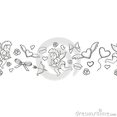 Monochrome valentine horizontal border Vector Illustration