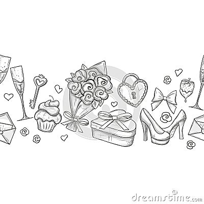 Monochrome valentine horizontal border Vector Illustration