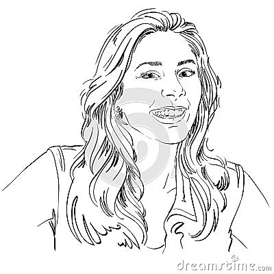 Monochrome vector hand-drawn image, happy smiling young woman. B Vector Illustration