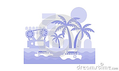 Monochrome vector landscape with ships in sea, palm trees, film strip and camera. Cinema festival in Nice Vector Illustration