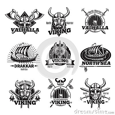 Monochrome Viking Labels Set Vector Illustration