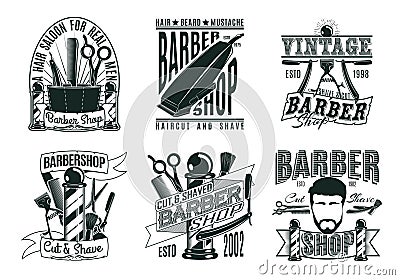 Monochrome Vintage Barber Shop Logos Set Vector Illustration