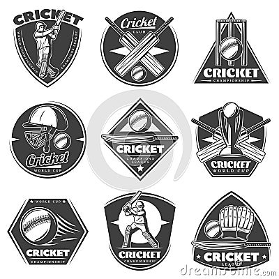 Monochrome Vintage Cricket Sport Labels Set Vector Illustration